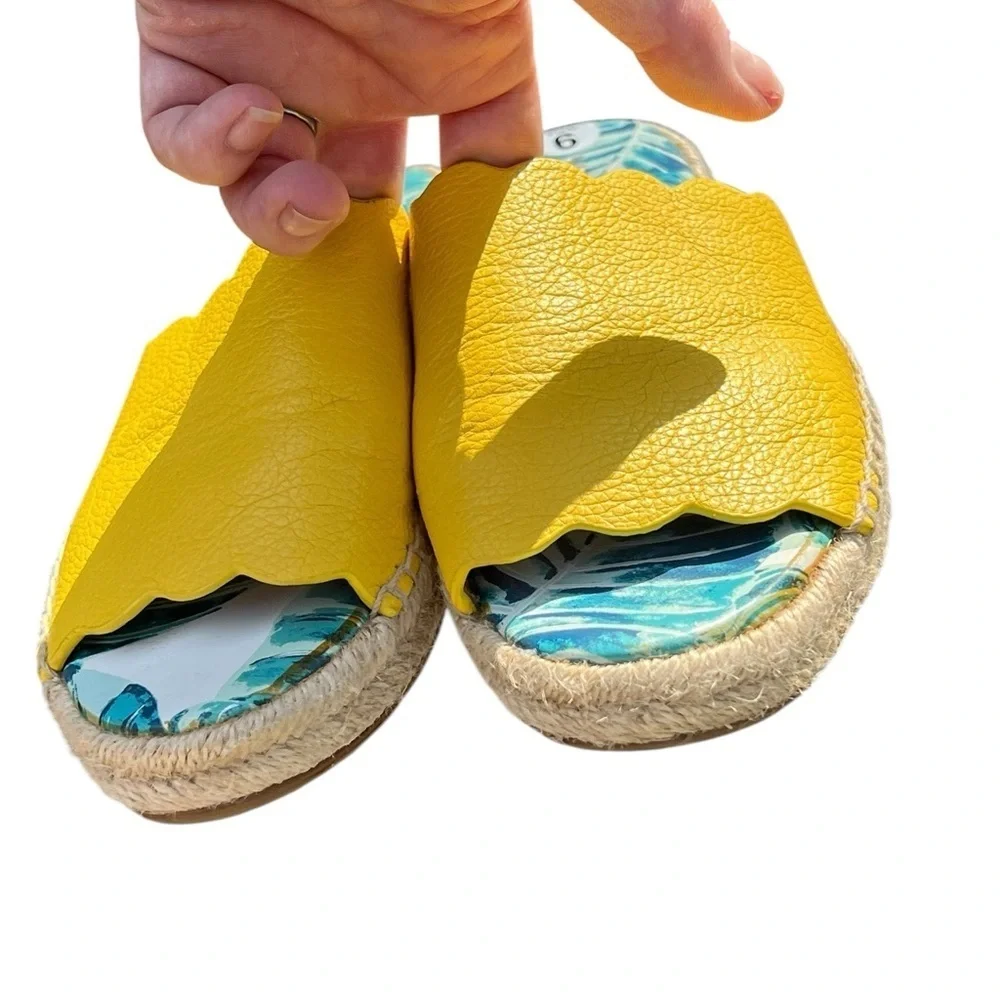 J. McLaughlin Aries yellow scalloped leather espadrille slip on sandals